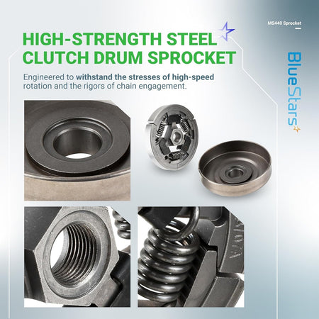 Clutch drum and sprocket assembly for Stihl MS440 chainsaws, featuring detailed close-ups of the clutch components.
