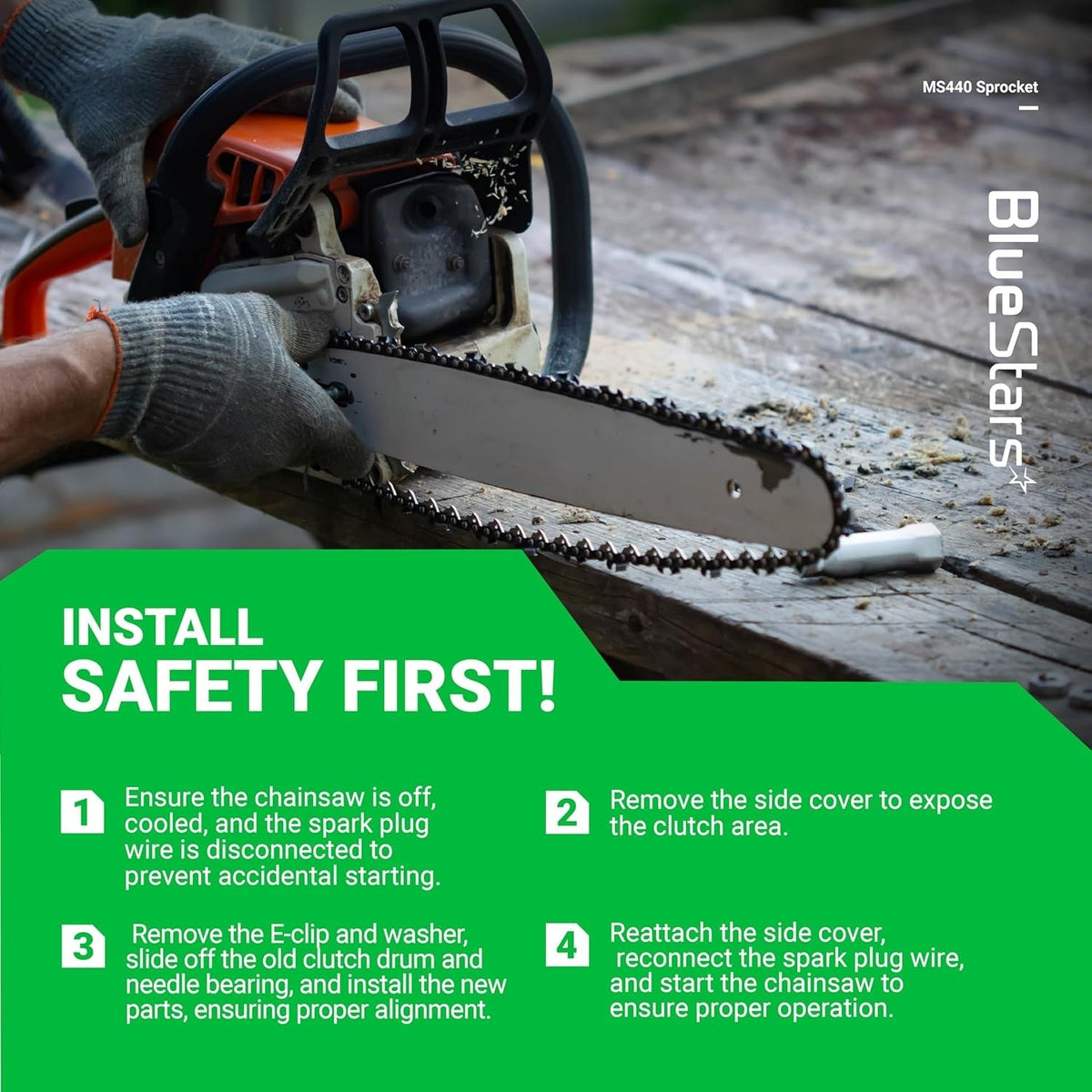 Installation guide for Stihl chainsaw clutch drum rim sprocket and needle bearing replacement.