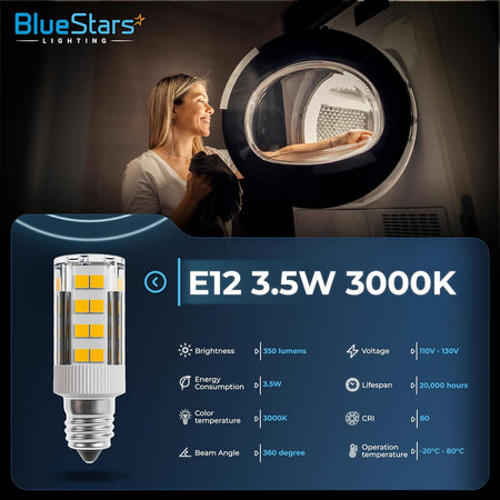 WE05X20431 LED dryer drum light bulb with E12 base and technical specification infographic.