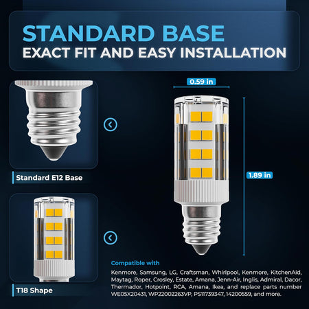 WE05X20431 LED dryer bulb showing E12 candelabra base, T18 shape, and dimensions for appliance compatibility.