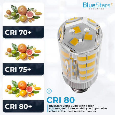 Close-up of WE05X20431 LED dryer drum light bulb showing CRI 80 color rendering comparison chart.