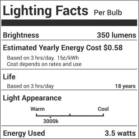 Lighting Facts label for WE05X20431 LED dryer drum light bulb showing 350 lumens and 3000K warm white color temperature.