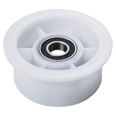 White plastic dryer idler pulley wheel replacement for Samsung, Amana, Maytag, and Kenmore dryers.