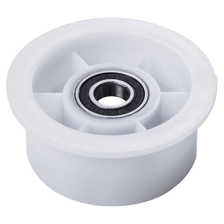 White plastic dryer idler pulley wheel replacement for Samsung, Amana, Maytag, and Kenmore dryers.