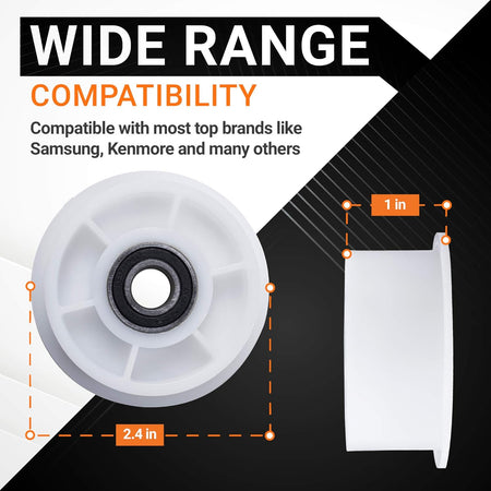 Dimensional diagram of DC97-07509B dryer idler pulley wheel showing 2.4-inch diameter and 1-inch width.