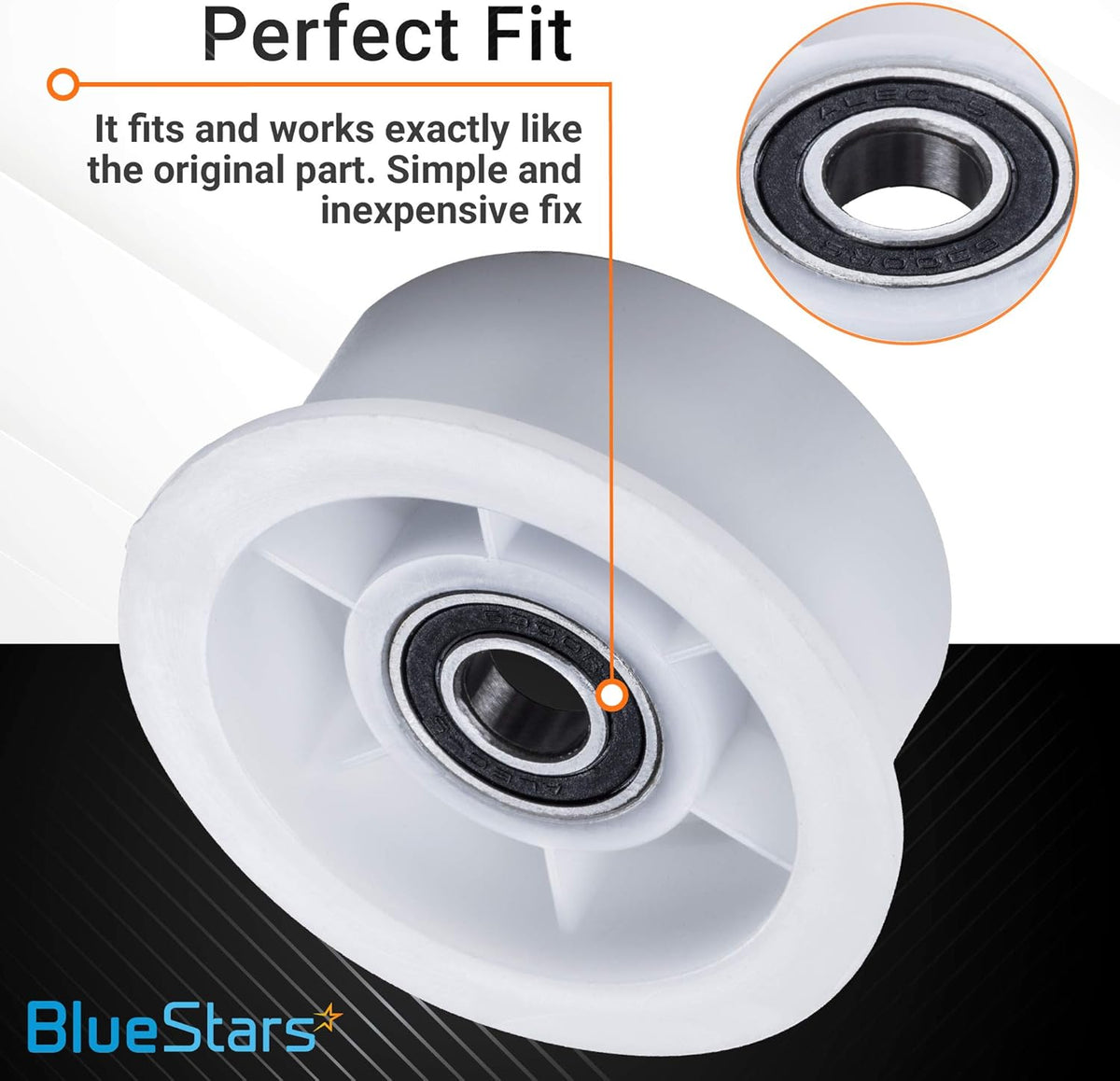 White dryer idler pulley wheel replacement with close-up view of the center bearing for Samsung and Maytag dryers.