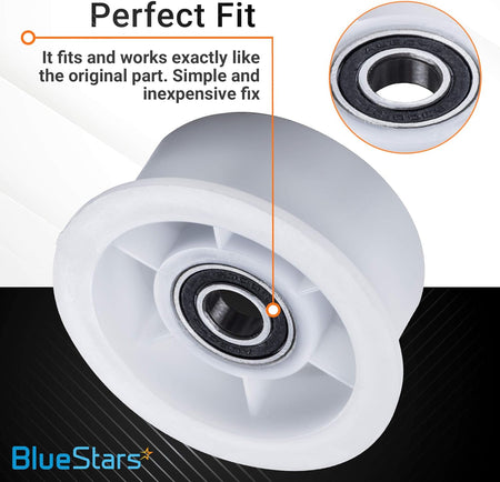 White dryer idler pulley wheel replacement with close-up view of the center bearing for Samsung and Maytag dryers.