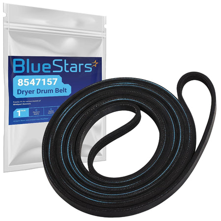 8547157 Dryer Drum Belt shown coiled beside BlueStars retail packaging