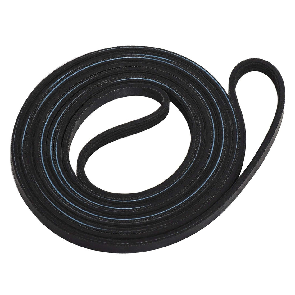 8547157 94-inch replacement dryer drum belt for Whirlpool and Kenmore dryers coiled on a white background.