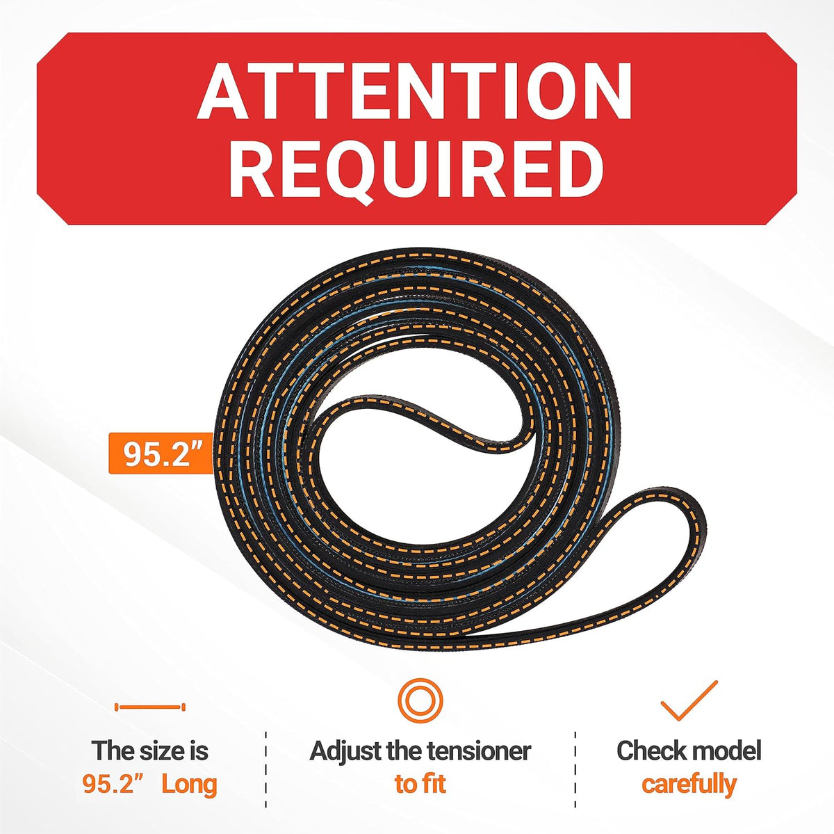 Replacement dryer drum belt with 95.2-inch length specification and installation instructions.