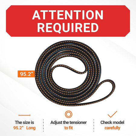 Replacement dryer drum belt with 95.2-inch length specification and installation instructions.