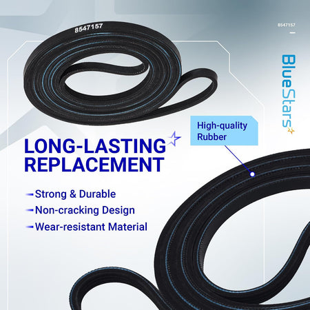 8547157 Dryer Drum Belt, coiled black belt shown with a close-up highlighting its rubber surface
