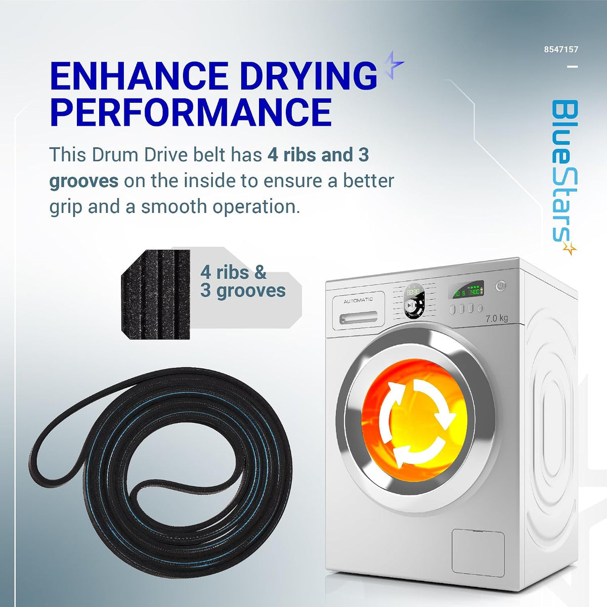 8547157 Dryer Drum Belt shown coiled beside a dryer graphic, with 4 ribs and 3 grooves highlighted