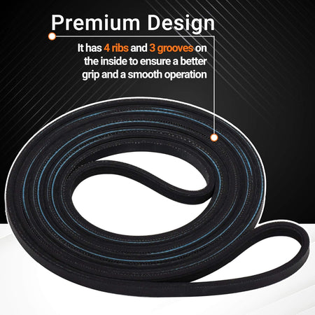8547157 dryer drum belt showing 4-rib, 3-groove design for improved grip and smooth operation.