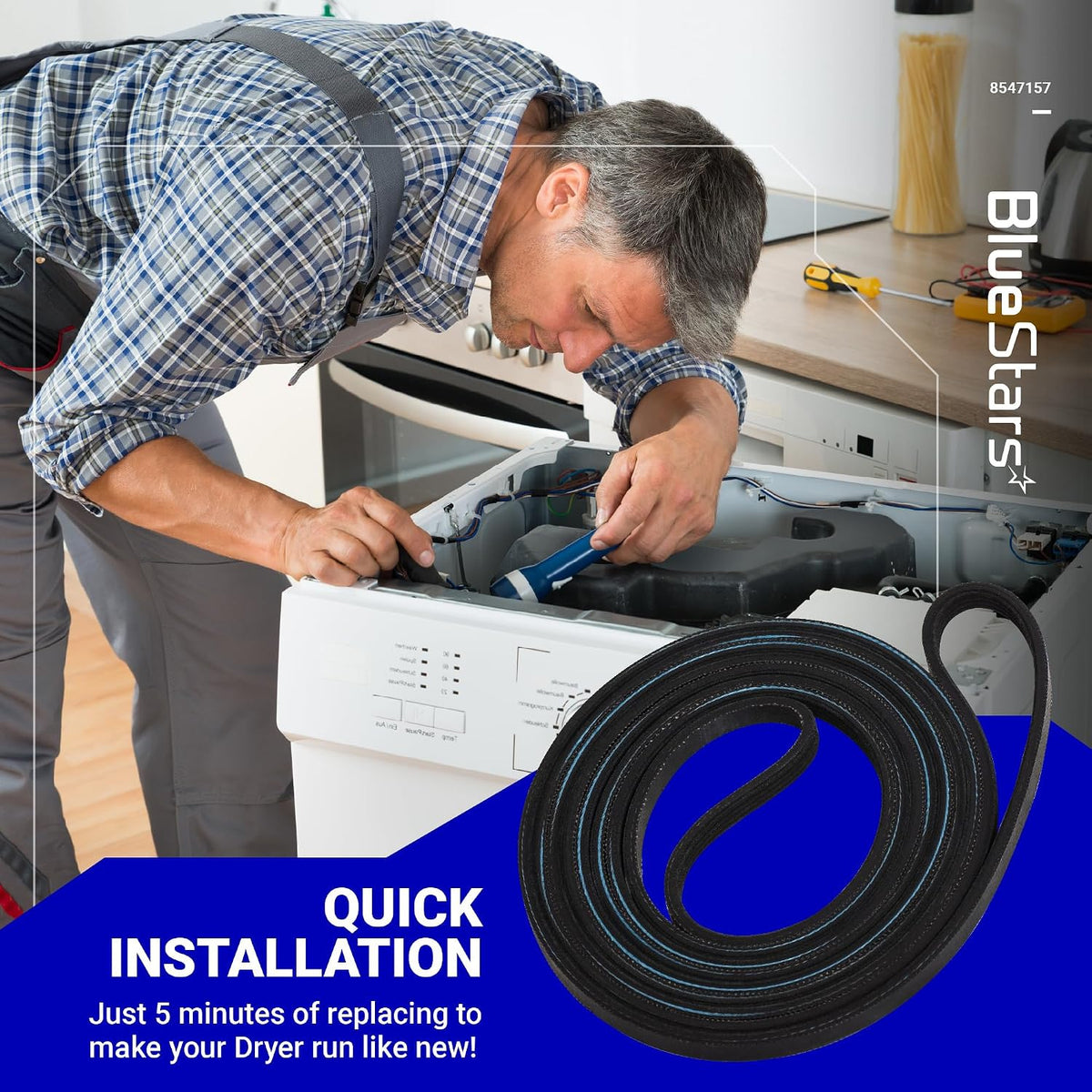 8547157 Dryer Drum Belt shown with a technician servicing a dryer and belt overlay labeled Quick Installation