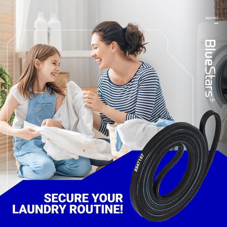 8547157 Dryer Drum Belt graphic showing a coiled black belt beside a mother and child handling laundry