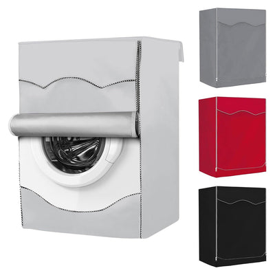 Silver premium outdoor front-load washing machine cover with roll-up front panel, shown with three color variations.