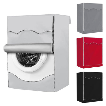 Silver premium outdoor front-load washing machine cover with roll-up front panel, shown with three color variations.