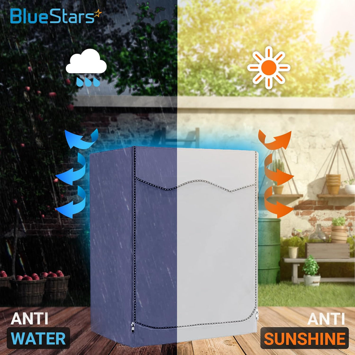 Silver front-load washing machine cover demonstrating waterproof and sun-resistant outdoor protection features.