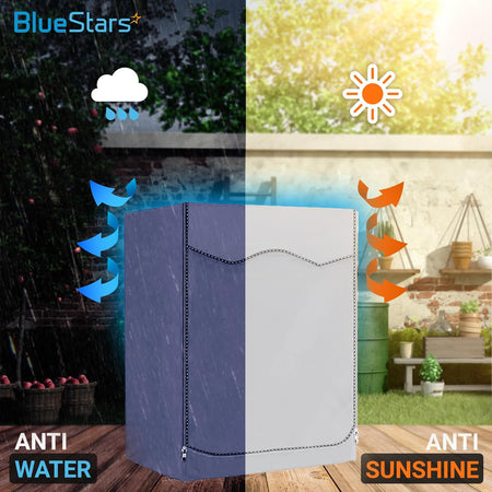 Silver front-load washing machine cover demonstrating waterproof and sun-resistant outdoor protection features.