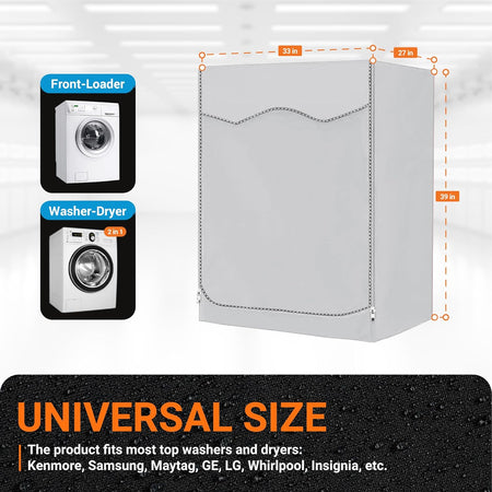 Silver front-load washing machine cover with dimension labels showing 27x33x39 inches for universal appliance fit.