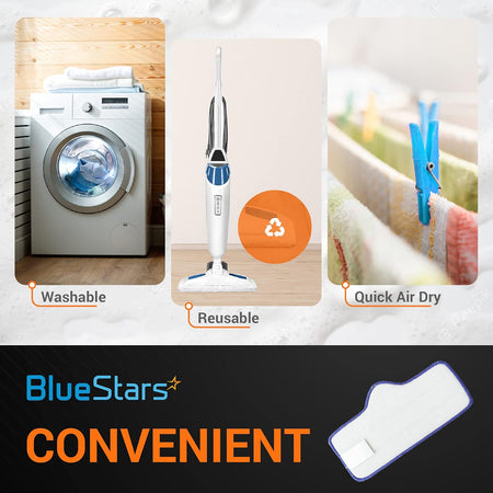 Infographic showing washable and reusable microfiber pads for Dupray Neat steam cleaner.