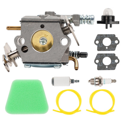 Carburetor tune-up kit for Poulan chainsaws including carburetor, air filter, fuel lines, spark plug, and gaskets.