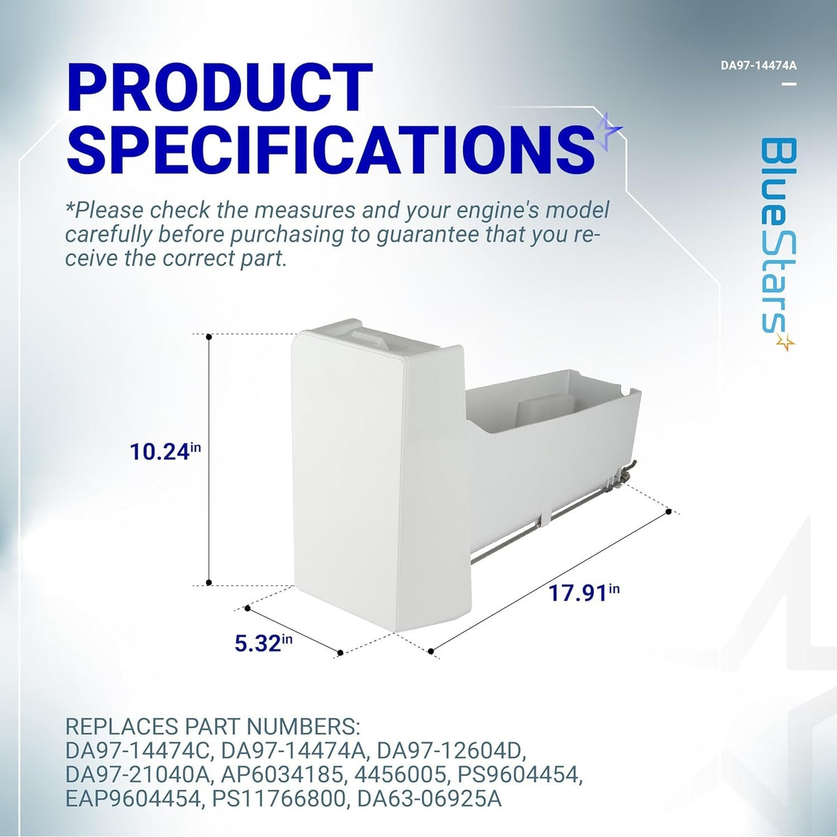 DA97-14474A refrigerator ice bucket specification diagram with dimensions for Samsung RF series refrigerators.