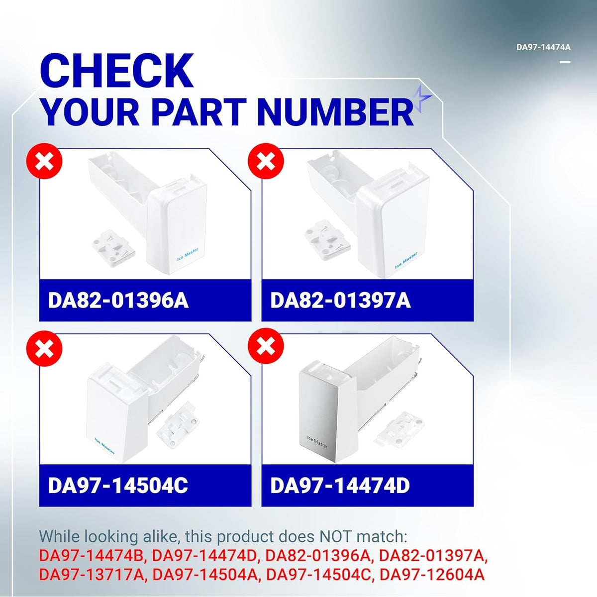 Comparison chart showing incompatible Samsung refrigerator ice bucket part numbers to avoid.