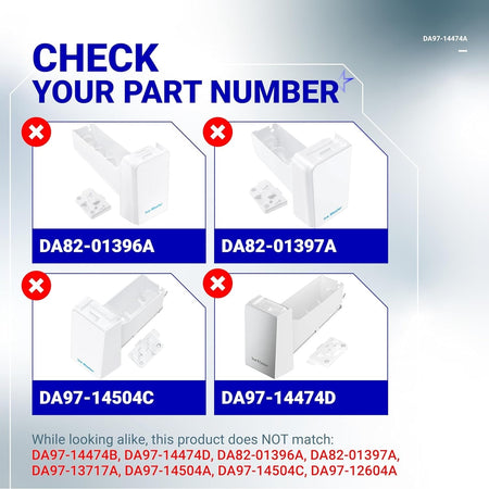 Comparison chart showing incompatible Samsung refrigerator ice bucket part numbers to avoid.
