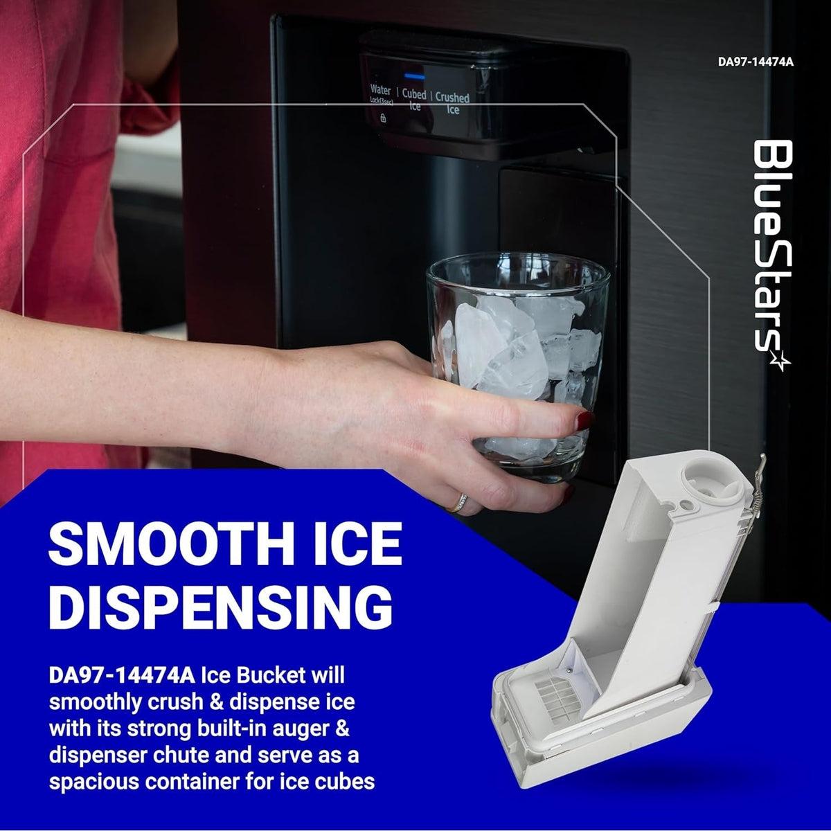 DA97-14474A ice bucket assembly for Samsung refrigerators shown with a person dispensing ice into a glass.