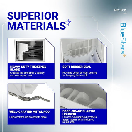 Infographic showing material features of Samsung DA97-14474A ice bucket including blade, seal, metal rod, and housing.