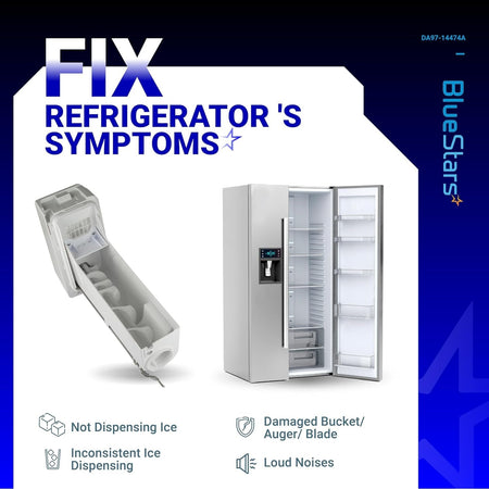 DA97-14474A ice bucket assembly for Samsung refrigerators showing common repair symptoms and compatibility.