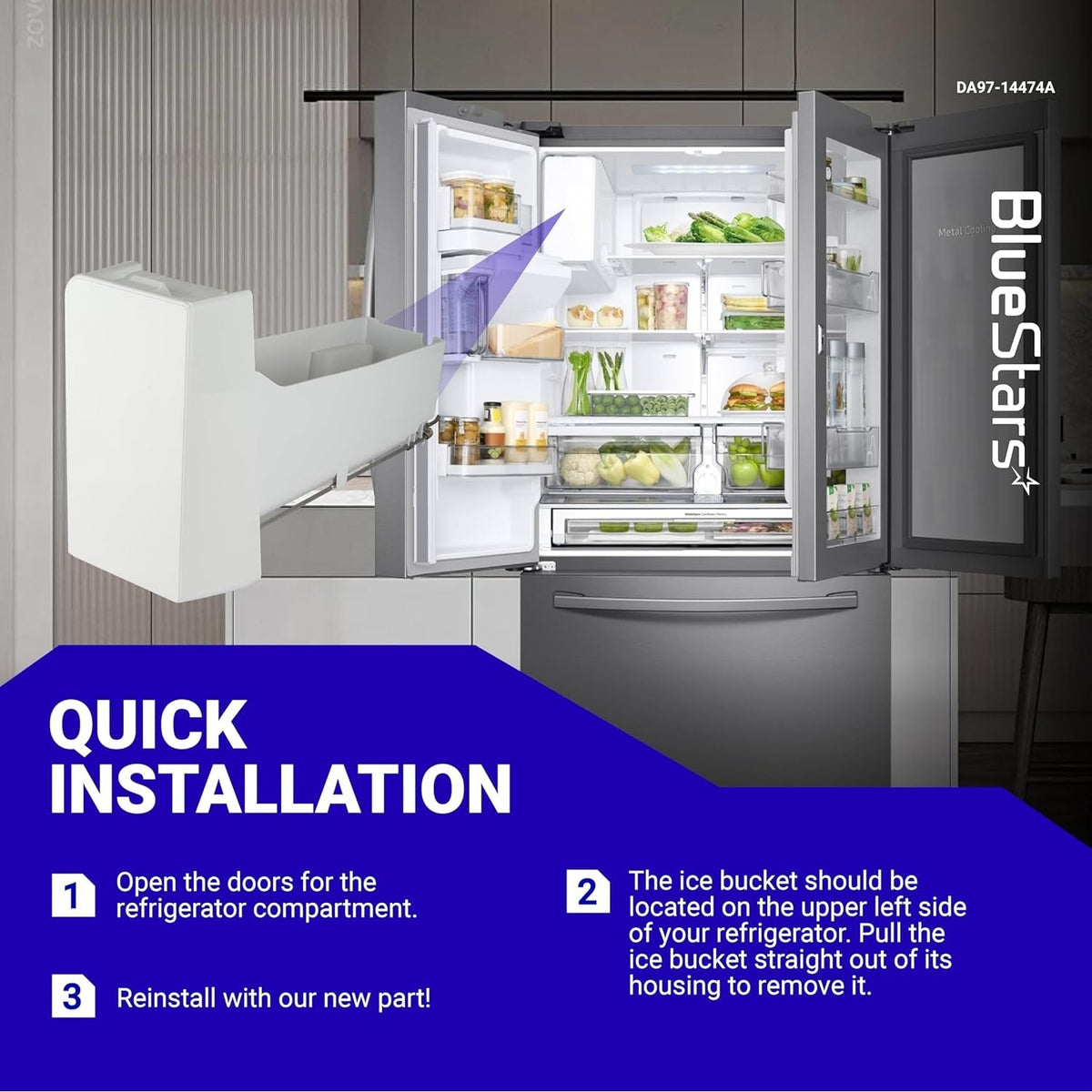 Installation guide for Samsung refrigerator ice bucket DA97-14474A showing placement in the upper left door compartment.