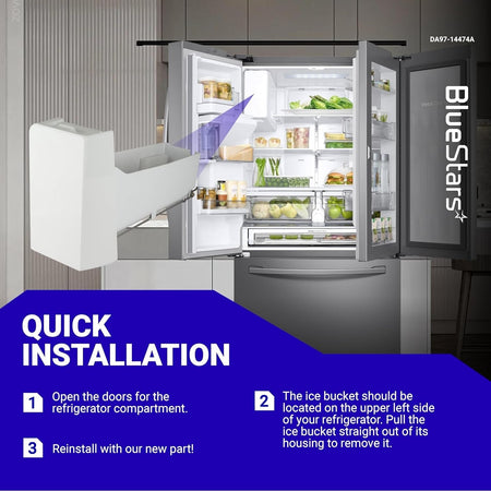 Installation guide for Samsung refrigerator ice bucket DA97-14474A showing placement in the upper left door compartment.
