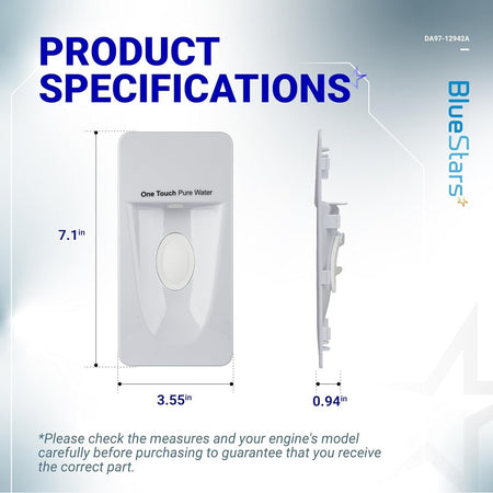 Dimension diagram of DA97-12942A Samsung refrigerator water dispenser cover showing front and side views with measurements.