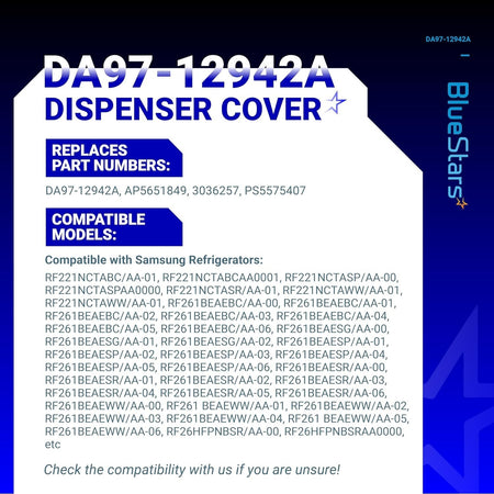 Informational graphic for Samsung DA97-12942A refrigerator dispenser cover showing compatible model numbers.