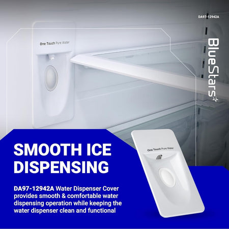 DA97-12942A white water dispenser cover installed in a Samsung refrigerator with a close-up view of the part.