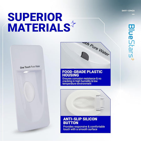 Infographic showing DA97-12942A Samsung refrigerator water dispenser cover features, including plastic housing and button.
