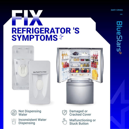 DA97-12942A Samsung refrigerator water dispenser cover assembly showing common repair symptoms and compatibility.