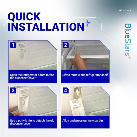Quick installation guide for Samsung refrigerator DA97-12942A water dispenser cover replacement.