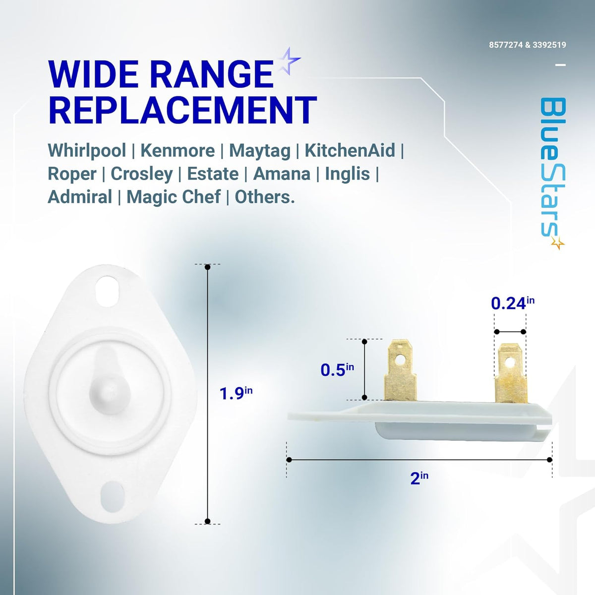 Dimensional diagram of 3392519 dryer thermal fuse showing side and top views with measurements for Whirlpool dryers.