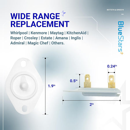 Dimensional diagram of 3392519 dryer thermal fuse showing side and top views with measurements for Whirlpool dryers.