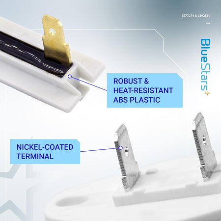 Close-up of dryer thermistor and thermal fuse components showing heat-resistant ABS plastic and nickel-coated terminals.