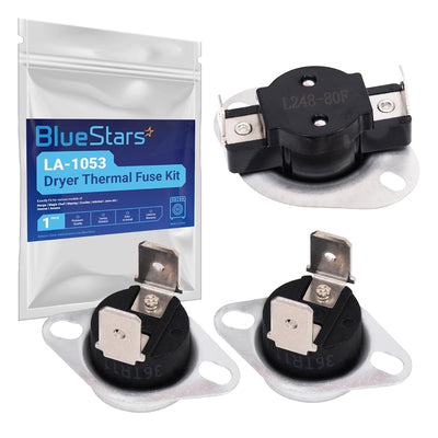 LA-1053 dryer thermal fuse kit with three replacement fuses and branded packaging for Whirlpool and Maytag dryers.