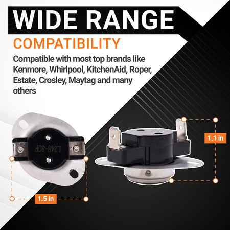 LA-1053 dryer thermal fuse showing dimensions and compatibility for Whirlpool and Maytag dryers.