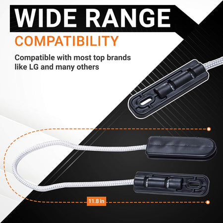 Two 11.8-inch dishwasher door hinge cable assemblies for LG dishwashers shown with compatibility text overlay.