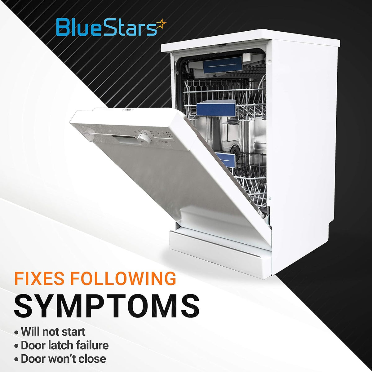 White LG dishwasher with open door illustrating symptoms fixed by 4933DD3001B door hinge cable assembly replacement.