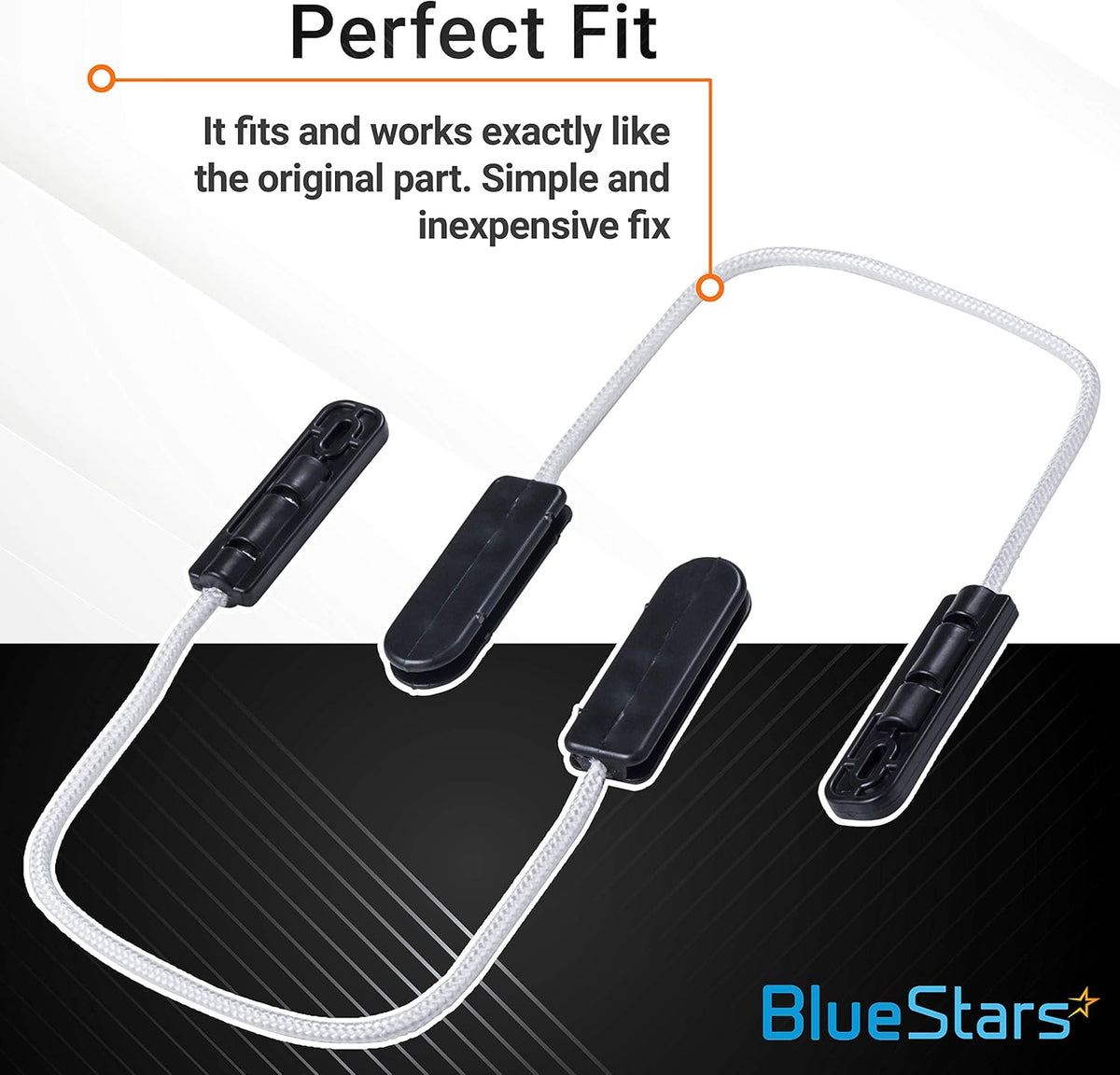Two LG dishwasher door hinge cable assemblies with black plastic ends and white braided cords.