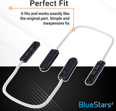 Two LG dishwasher door hinge cable assemblies with black plastic ends and white braided cords.